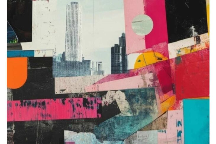 Abstract collage with a subtle city skyline amid bright geometric blocks of pink, teal, orange and black.
