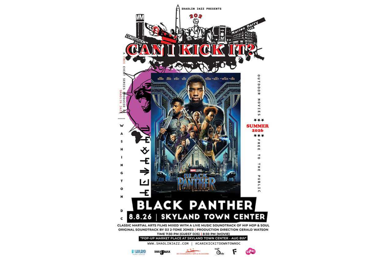 Promotional poster for an outdoor movie event featuring Black Panther at Skyline Town Center. Can I Kick It? headline above the film image.
