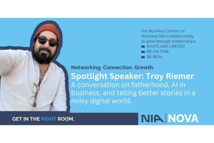 Blue conference banner promoting a spotlight speaker session on fatherhood, AI in business, and storytelling.
