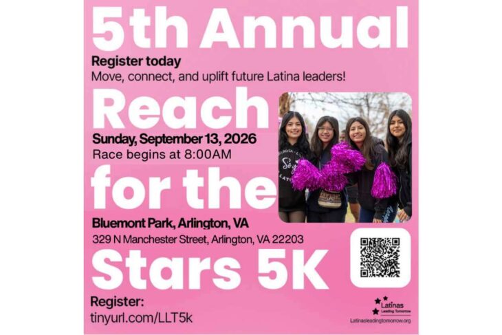Pink event poster for the 5th Annual Reach for the Stars 5K in Arlington, VA, showing five girls with pink pom-poms, date and location details, a QR code, and register URL.
