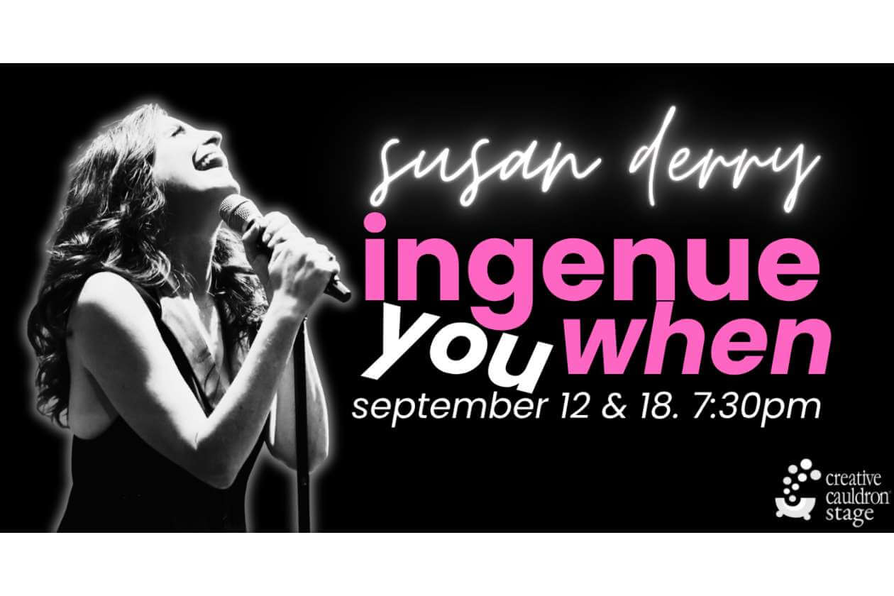 Promotional poster of a female singer holding a microphone on a black background, with pink 'ingenue you when' text and dates September 12 & 18 (7:30pm).