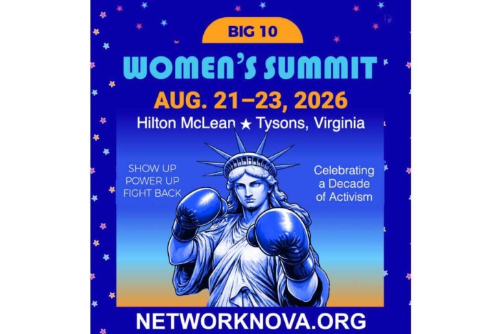 Promotional poster for the Big 10 Women's Summit (Aug 21–23, 2026) at Hilton McLean Tysons, Virginia, featuring a boxing-gloved Statue of Liberty and event slogans.