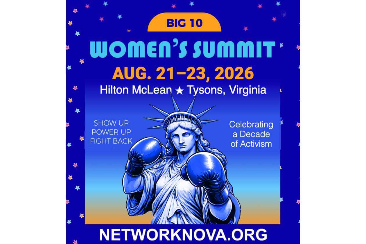 Promotional poster for the Big 10 Women's Summit (Aug 21–23, 2026) at Hilton McLean Tysons, Virginia, featuring a boxing-gloved Statue of Liberty and event slogans.