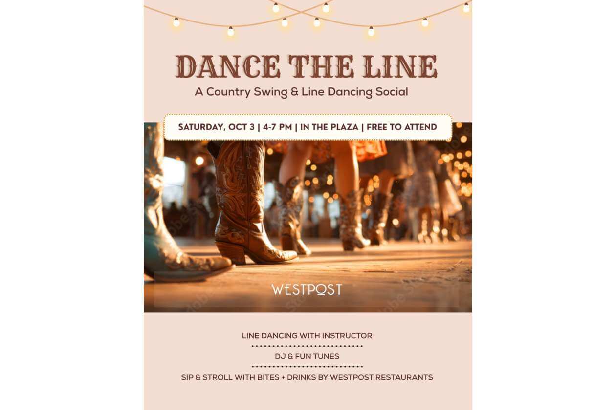 Promotional poster for a country line dancing event titled 'Dance the Line,' with string lights and cowboy boots in a plaza setting.