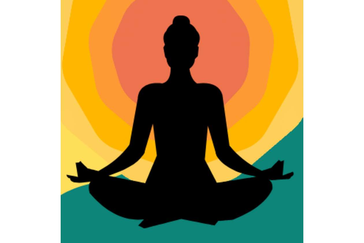 Silhouette of a person in a lotus meditation pose against a warm, concentric sunburst background in orange, yellow, and teal.