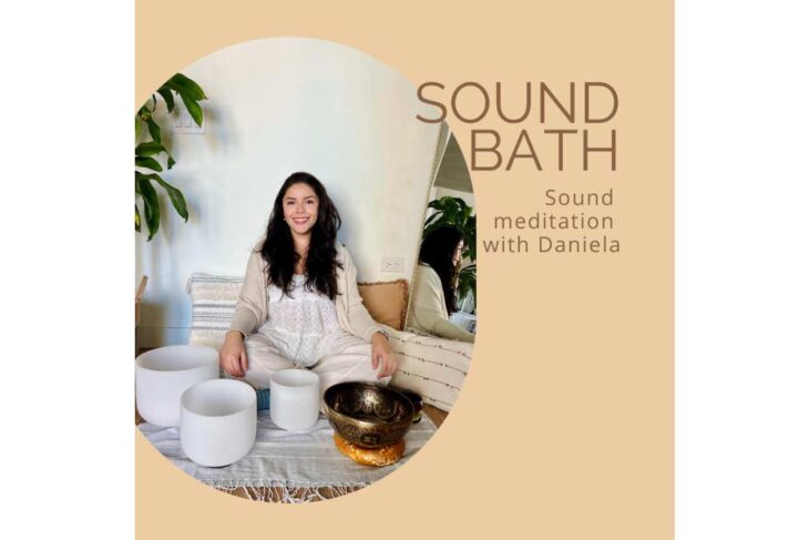Promo image for a sound bath: a woman sits cross‑legged with singing bowls in front, beige curved background, and the text 'SOUND BATH' and 'Sound meditation with Daniela'.