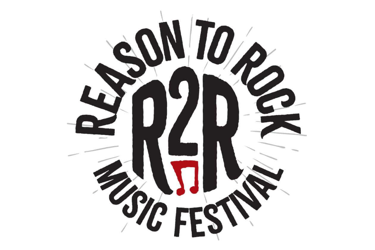 Circular logo for the Reason to Rock Music Festival with bold 'R2R' in the center and a red musical note motif