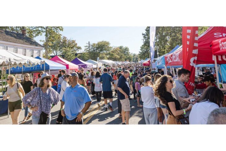 Crowded outdoor street fair with colorful vendor tents and shoppers