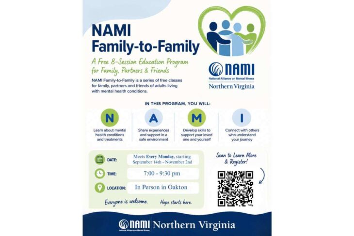 Poster for NAMI Family-to-Family: a free 8-session education program for family, partners & friends; Mondays 7:00–9:30 pm in Oakton, VA, with a QR code for details/registration, and NAMI Northern Virginia branding at the bottom.
