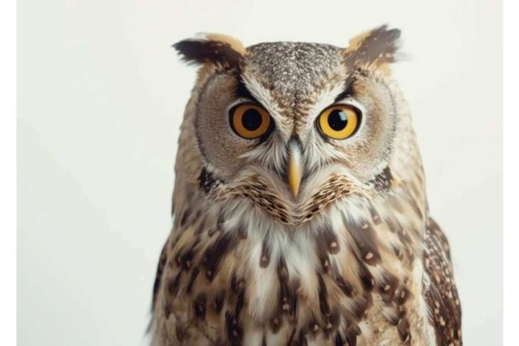 Close-up of an owl with bright yellow eyes and speckled brown plumage, facing the camera.
