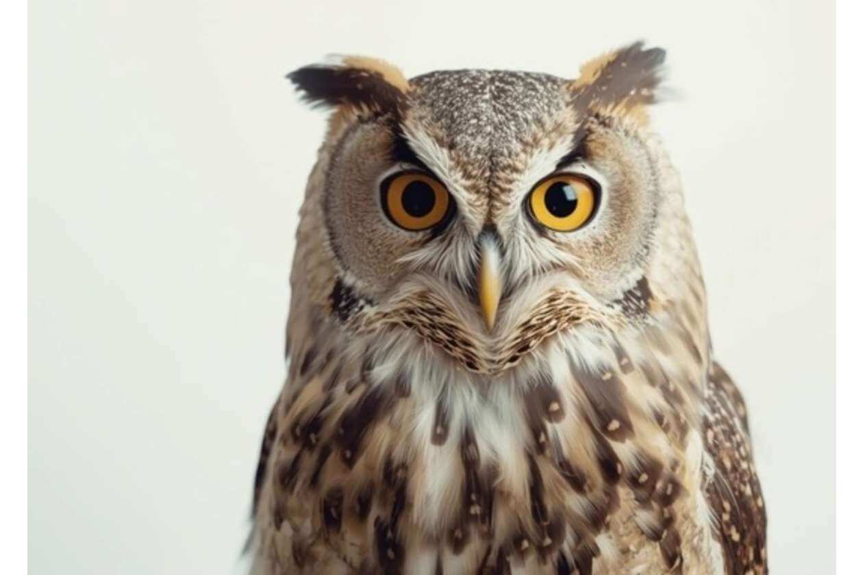 Close-up of an owl with bright yellow eyes and speckled brown plumage, facing the camera.