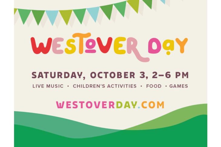 Colorful Westover Day event poster with bunting, a playful multicolored title, date and time (Sat, Oct 3, 2–6 PM), activities (live music, kids’ activities, food, games) and westoverday.com.