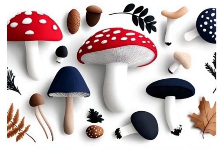 Assorted colorful mushrooms with autumn leaves scattered on a white background.