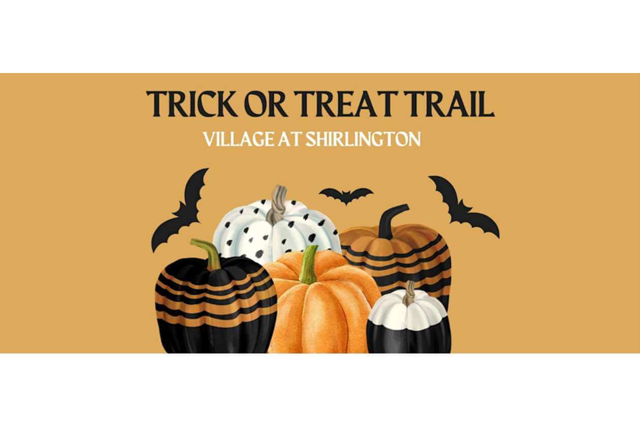 Halloween event banner for Trick or Treat Trail at Village at Shirlington, featuring orange/black pumpkins and bats on a tan background