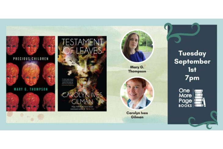 Event promo featuring two book covers, author headshots, and details: Tuesday, September 1st at 7pm at One More Page Books.