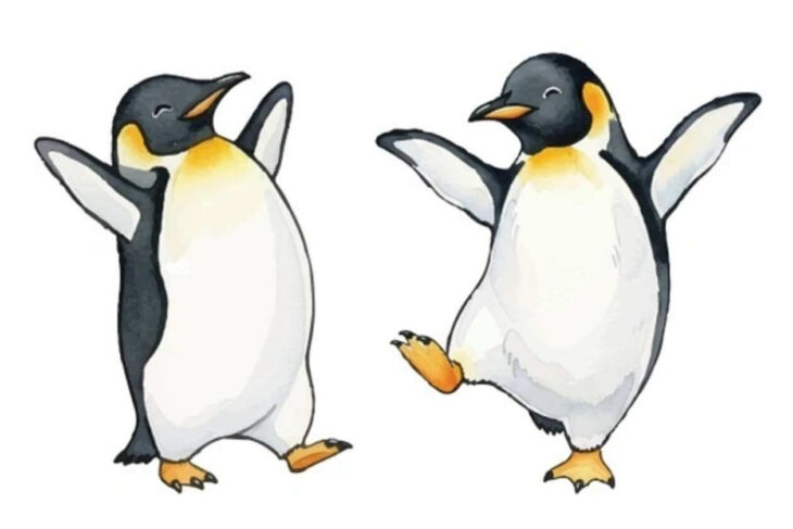 Two cartoon penguins standing on their feet with wings raised as if dancing