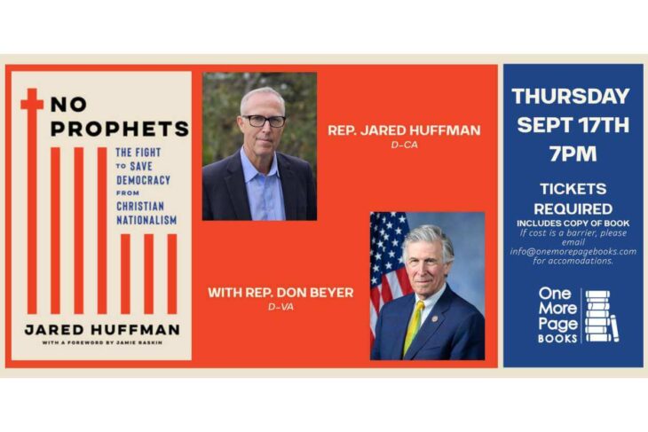 Left: book cover 'No Prophets' by Jared Huffman; center: two politician portraits on an orange background; right: blue panel with event details.