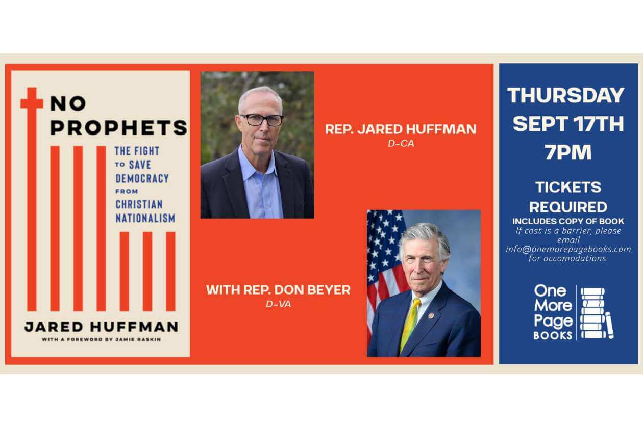 Left: book cover 'No Prophets' by Jared Huffman; center: two politician portraits on an orange background; right: blue panel with event details.