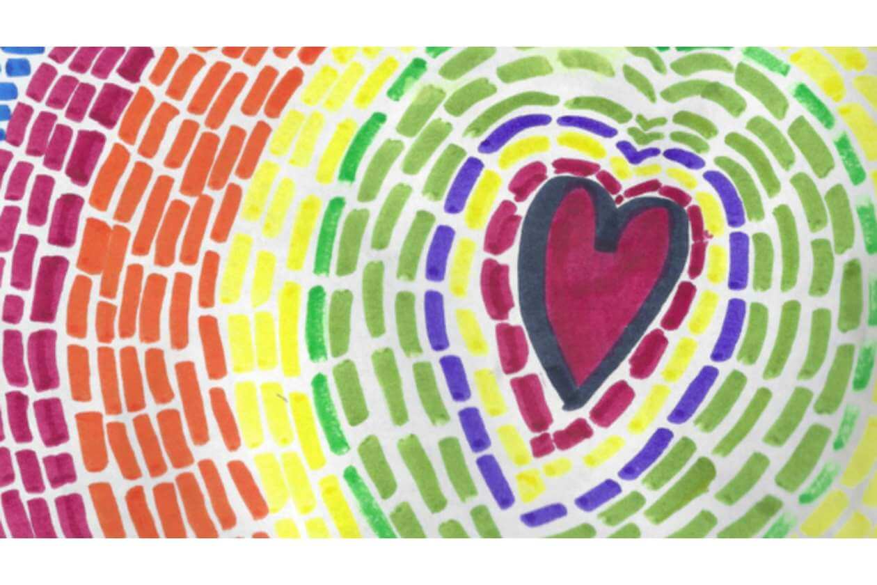 Colorful rainbow spiral converging on a pink heart at the center of the image.
