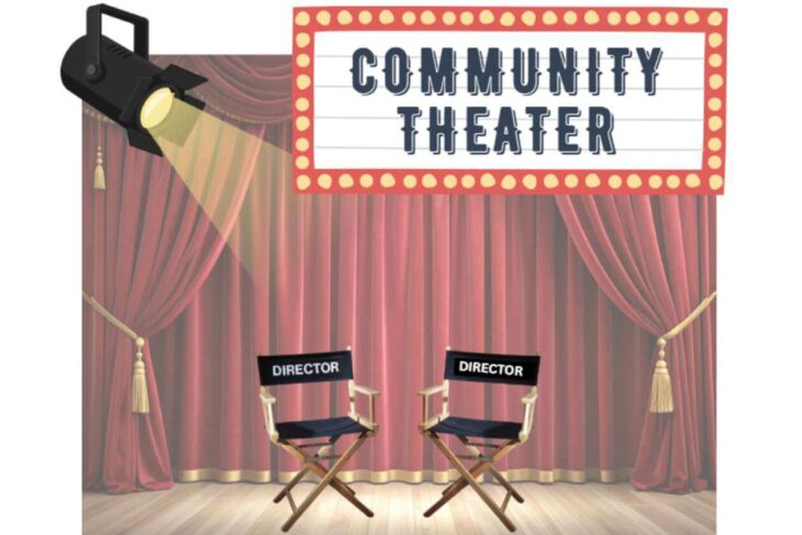 Community theater stage with red curtains, two director chairs, and a lit marquee sign reading 'Community Theater' overhead spotlight.