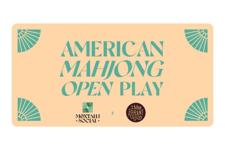 Promotional graphic for the American Mahjong Open Play event on a peach background with teal decorative corners and sponsor logos at the bottom, conveying the event title AMERICAN MAHJONG OPEN PLAY.