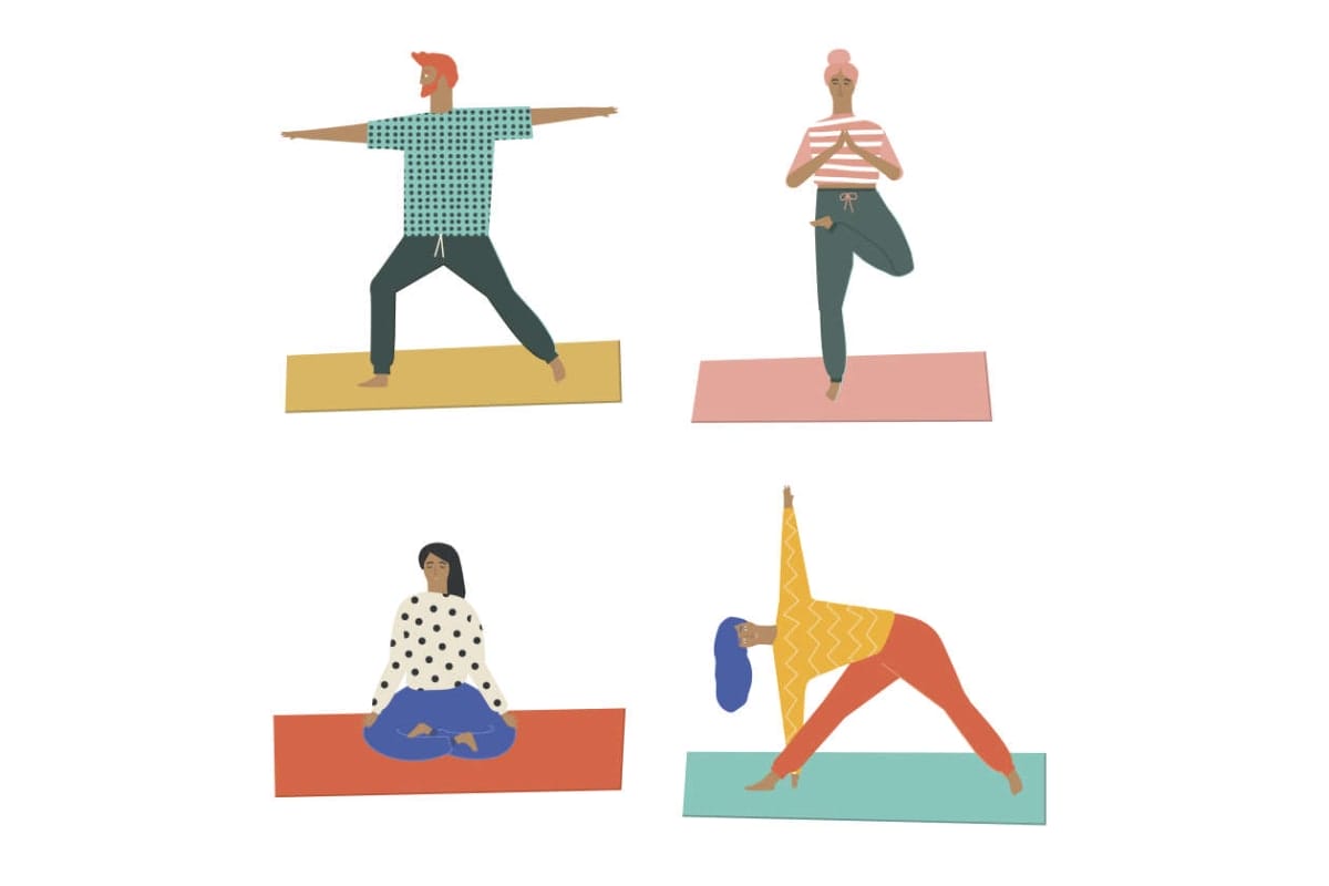 Four people practicing yoga on colorful rectangular mats, each in a different pose.