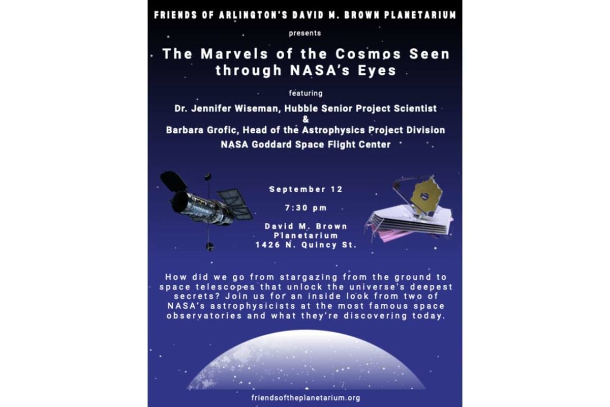 Poster advertising a planetarium lecture: 'The Marvels of the Cosmos Seen through NASA's Eyes' with date, time, and venue at David M. Brown Planetarium (Sept 12, 7:30 p.m.).