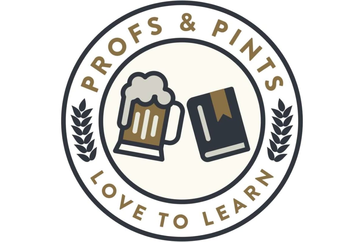 Logo for Profs & Pints featuring a beer mug and a book clinking inside a circular badge with laurel accents and 'Love to Learn'.
