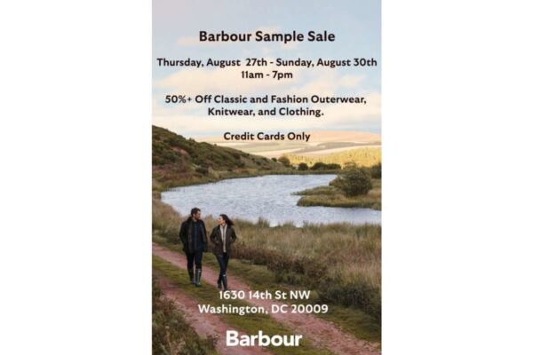 Poster for Barbour sample sale: two people walking along a dirt path beside a river in a countryside landscape, with event dates, location, and 'Credit Cards Only'.