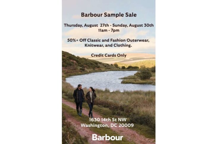 Poster for Barbour sample sale: two people walking along a dirt path beside a river in a countryside landscape, with event dates, location, and 'Credit Cards Only'.