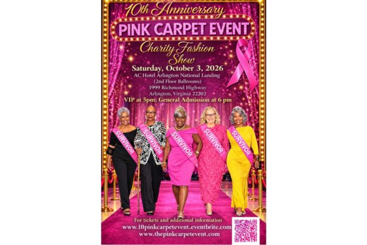 Poster for the 10th Anniversary Pink Carpet Event charity fashion show; five women wearing pink 'SURVIVOR' sashes walk a pink carpet on stage.