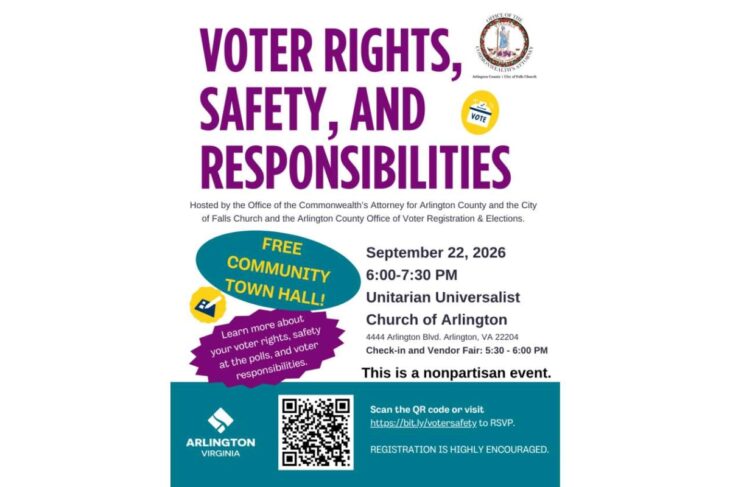 Event flyer for a free community town hall on voter rights, safety, and responsibilities; Sept 22, 2026, 6–7:30 PM, Arlington VA (QR code present).