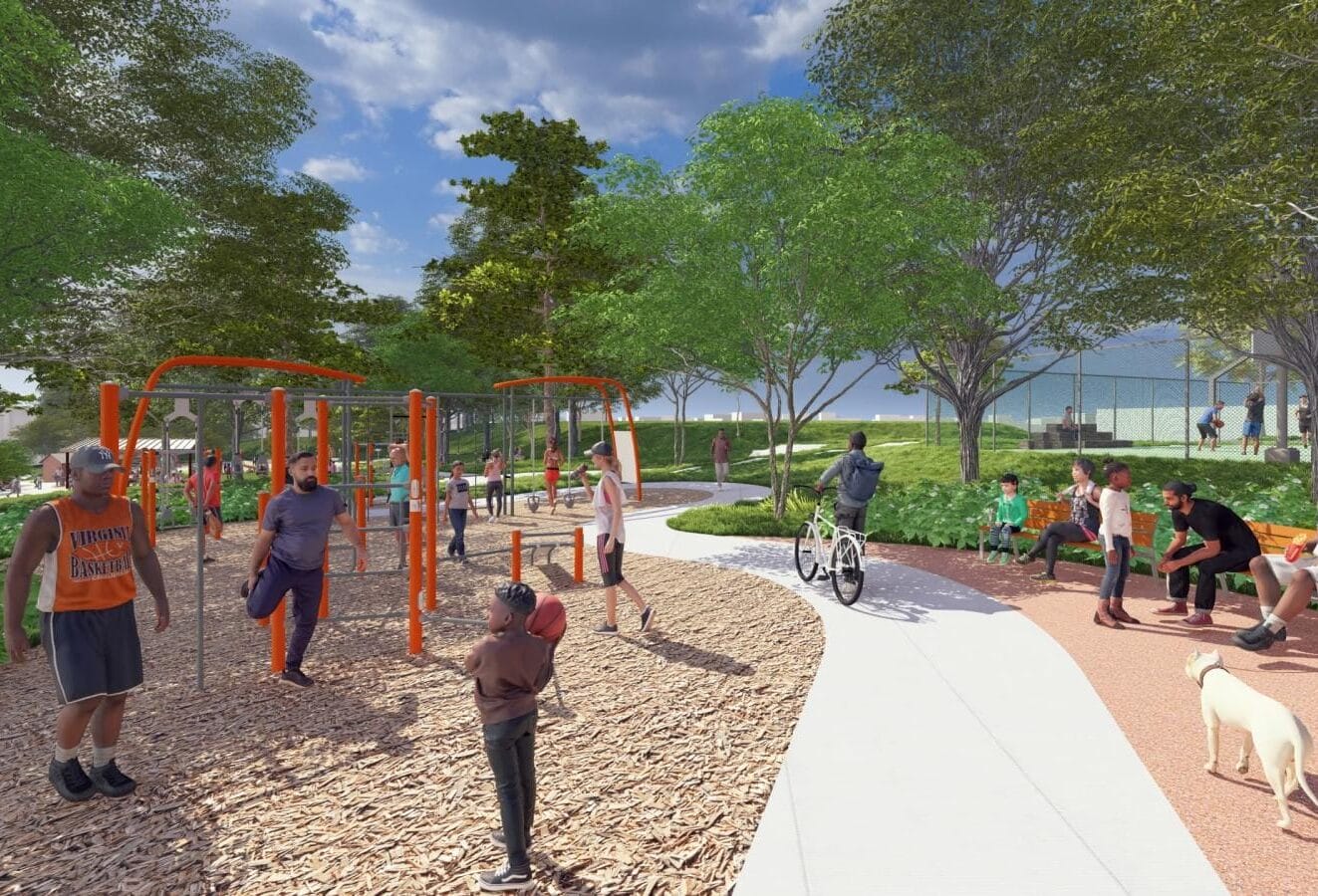 Diverse people using orange outdoor gym equipment in a sunny park, with trees, a walking path, and benches nearby.