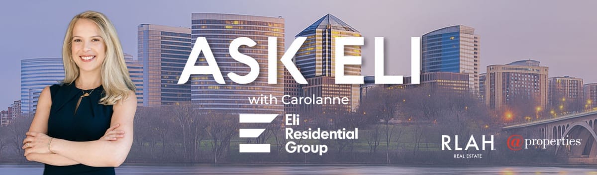 Branded banner with a smiling woman on the left and a city skyline background, displaying 'ASKELLI with Carolanne Eli Residential Group' and real estate logos (RLAH Real Estate, @properties).