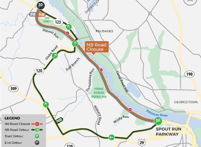 Map showing a northbound road closure near the Potomac River with detours along NB roads and Gulf Branch; markers for start/end detours and road numbers.