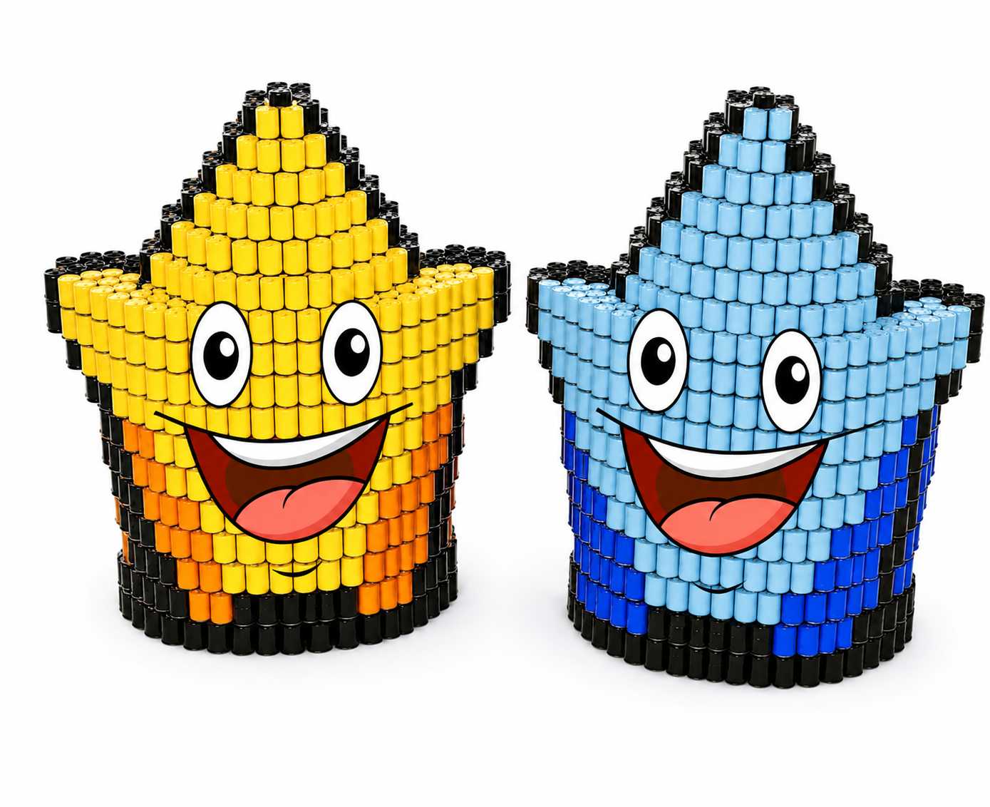 Two smiling scented bead buckets (yellow/orange and blue) with wide grinning faces side by side, against a white background.
