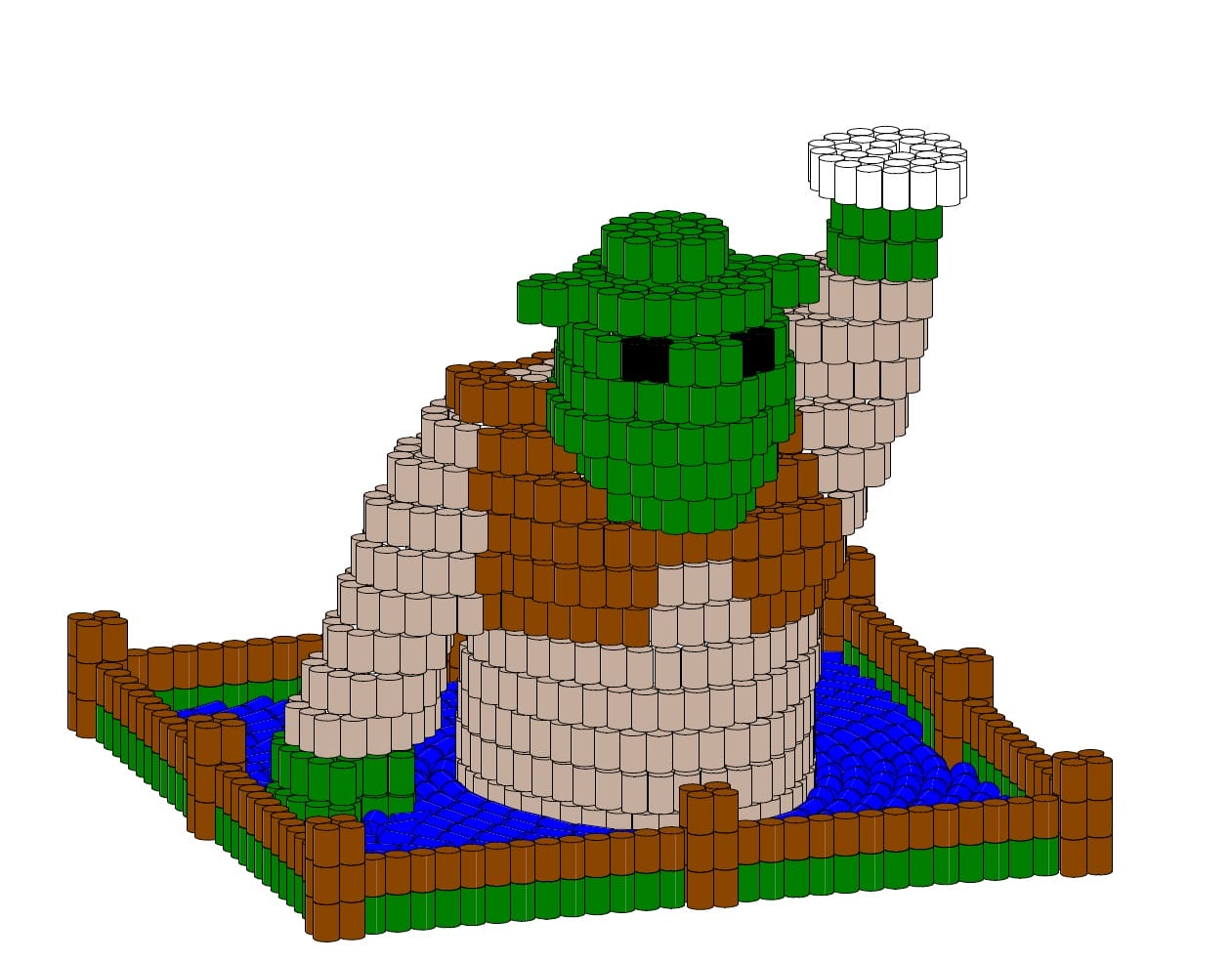 LEGO-like voxel sculpture of a green creature on a beige pillar inside a blue moat, surrounded by a brown-green fence.