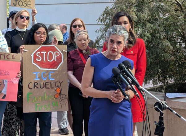 A woman in a blue dress speaks at a microphone podium while protesters hold signs behind her, including a cardboard sign that reads ‘STOP ICE CRUELTY’ and ‘Families First.’