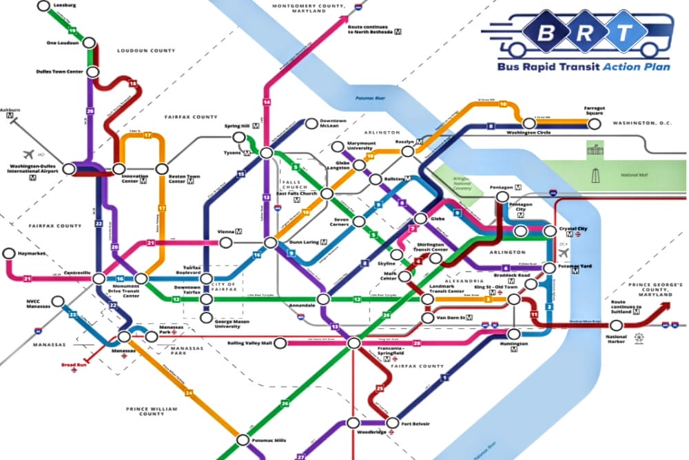 Proposed regional bus rapid transit network (via Northern Virginia Transportation Authority) | ARLnow BRTA Bus Rapid Transit map with multiple colored lines and station nodes for interchanges and routes