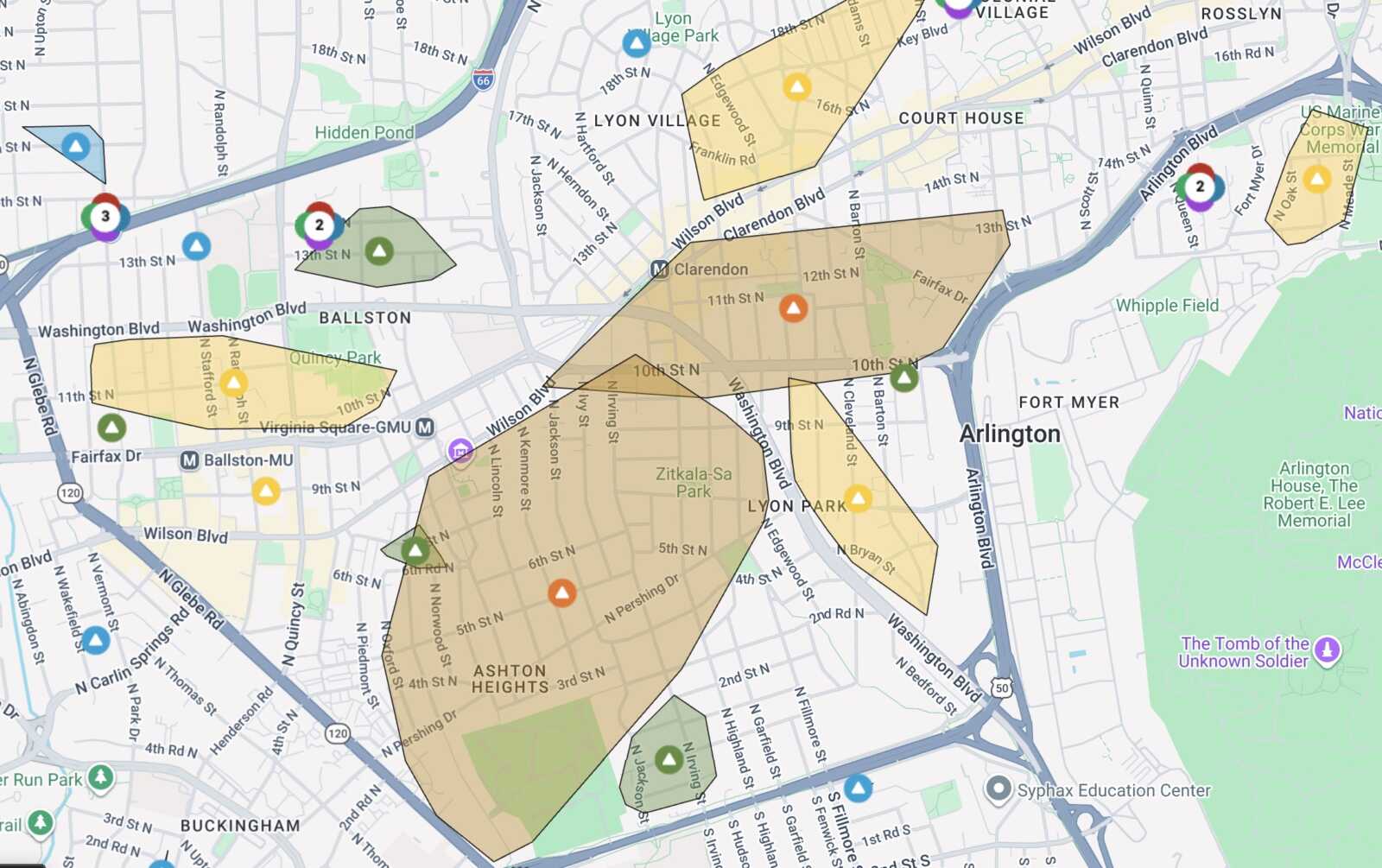 Map of Arlington, VA with brown overlay polygons marking zones across neighborhoods like Lyon Park and Ballston, plus numbered colored markers indicating points of interest or data layers.