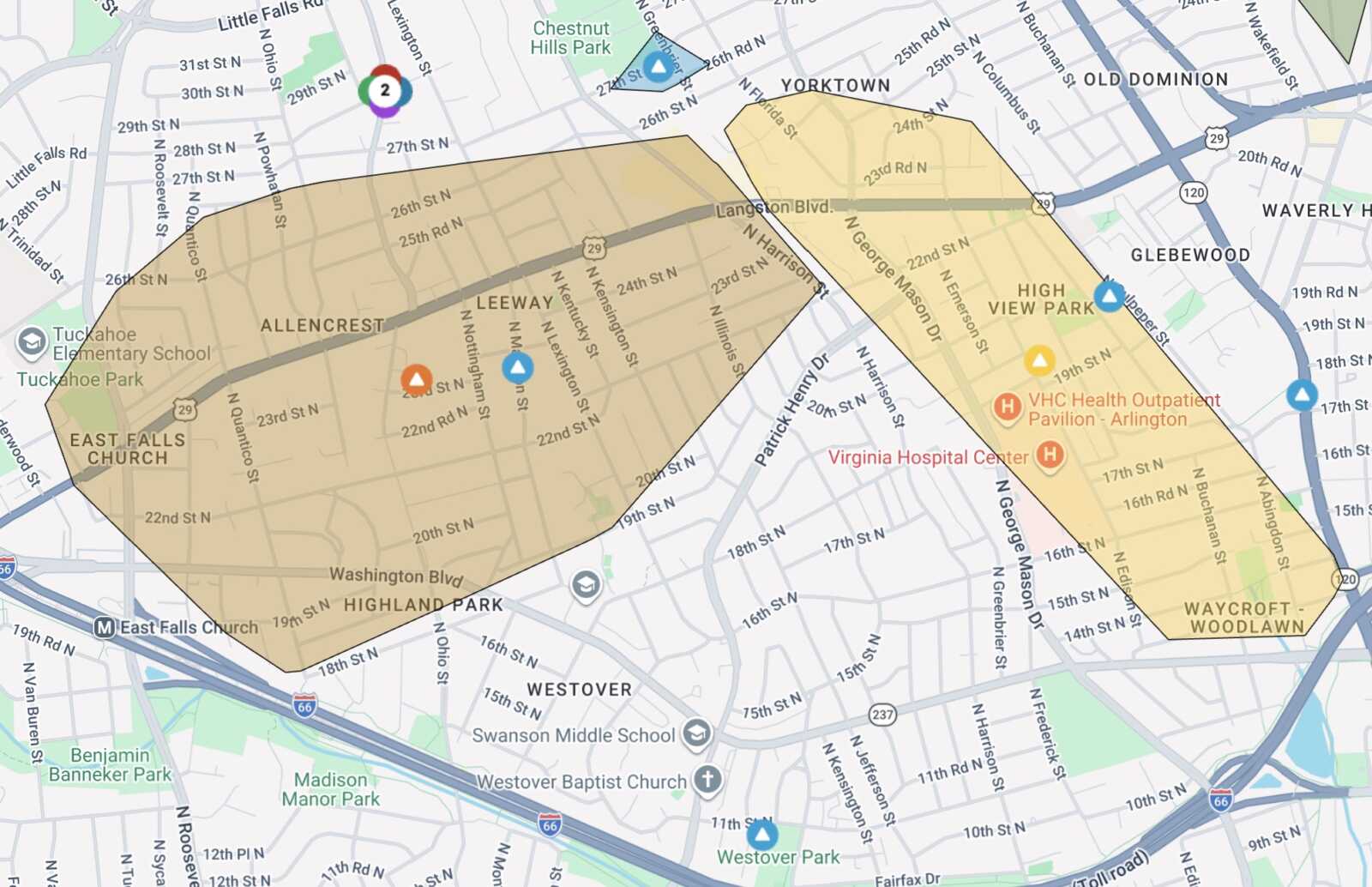 Map of a city with two large brown-highlighted polygons outlining Allencrest–Leeway and High View Park neighborhoods, overlaid on streets and parks.