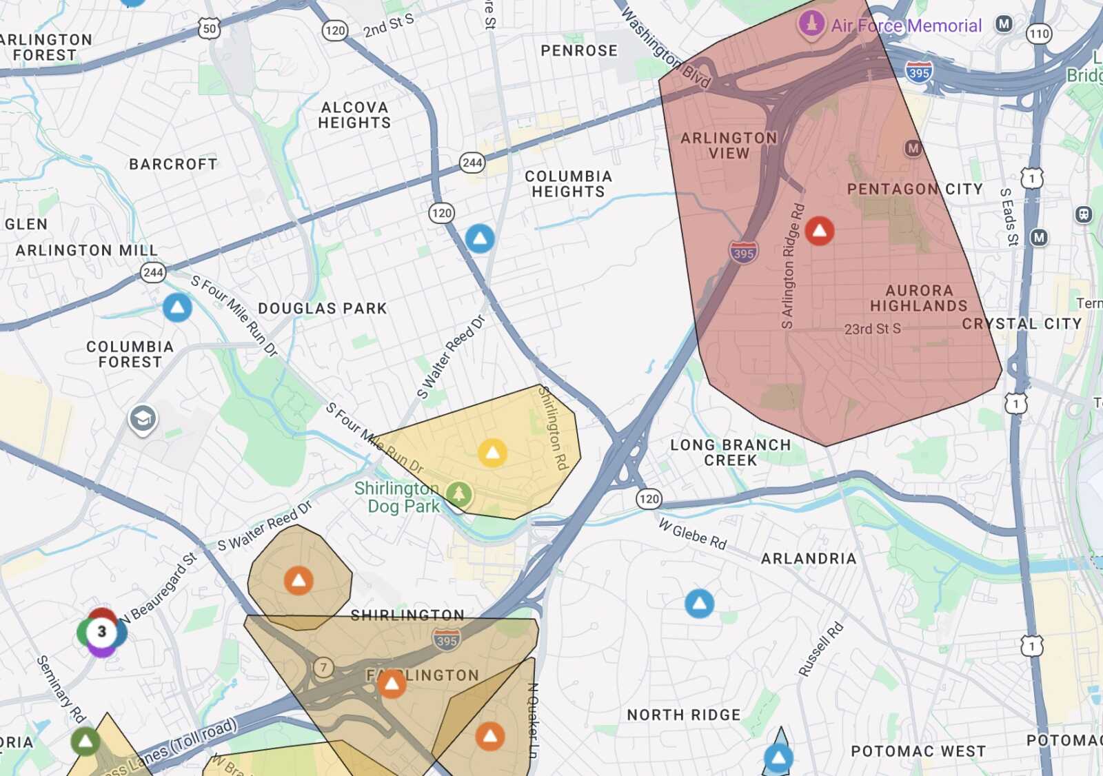 Map showing roads and neighborhoods around Arlington, with multiple colored polygon zones (purple, red, orange) and warning icons indicating areas of interest or risk.