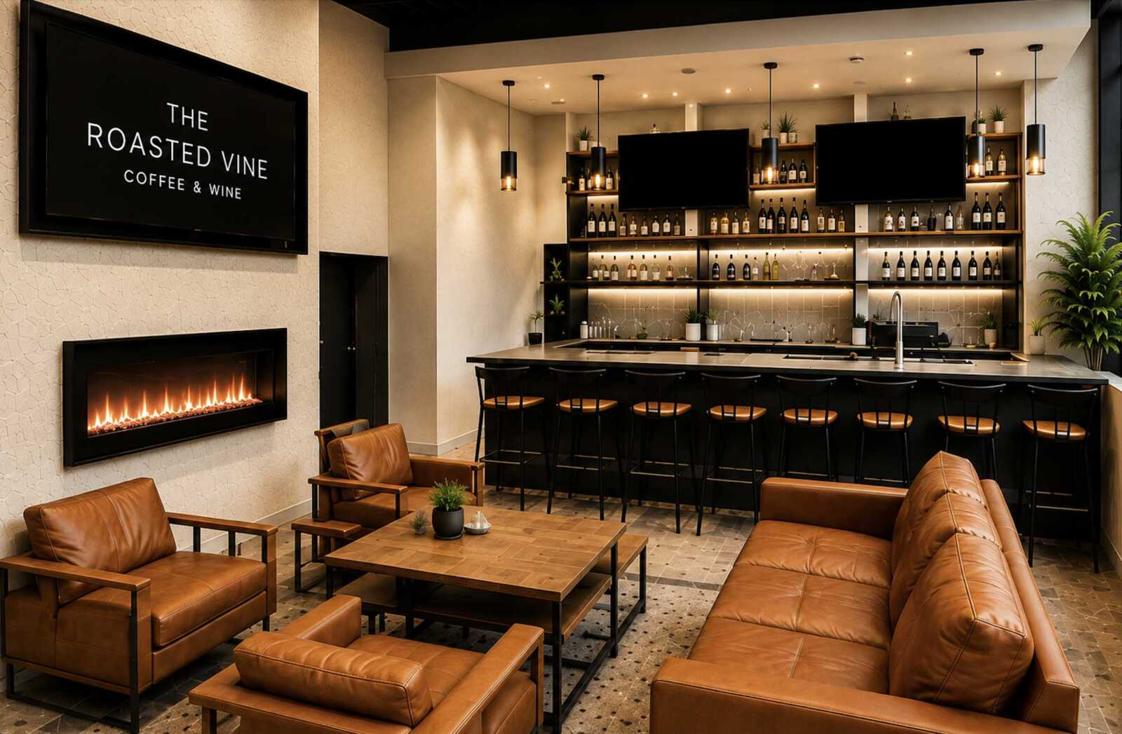 Luxurious lounge bar with tan leather seating, a linear fireplace, and a long black bar lined with stools.