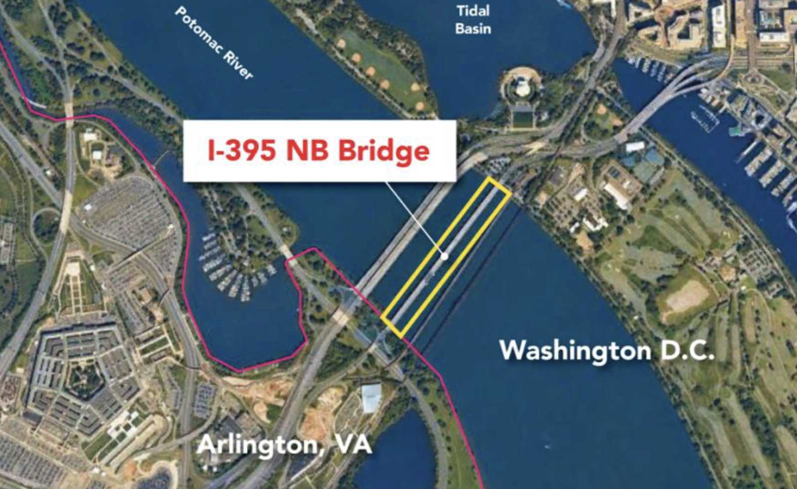 Map showing the I-395 NB Bridge crossing the Potomac River near Washington, DC, with Arlington, VA labeled nearby.