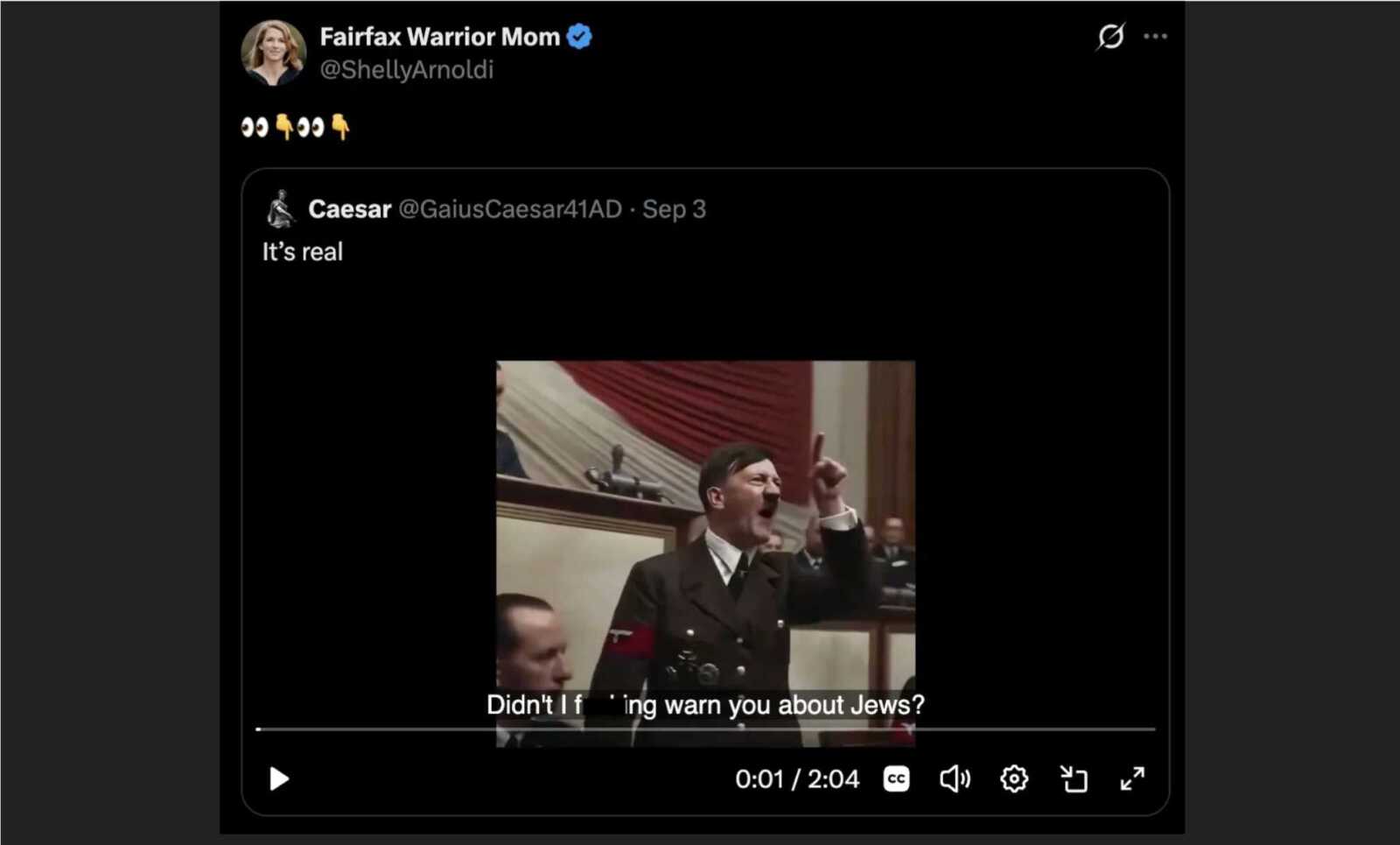 A recent post on X by congressional candidate Shelly Arnoldi (via Shelly Arnoldi/X) | ARLnow Screenshot of a Twitter post by Fairfax Warrior Mom with emojis, showing a video frame of a Nazi officer giving a speech; subtitle reads: "Didn't I f---ing warn you about Jews?"