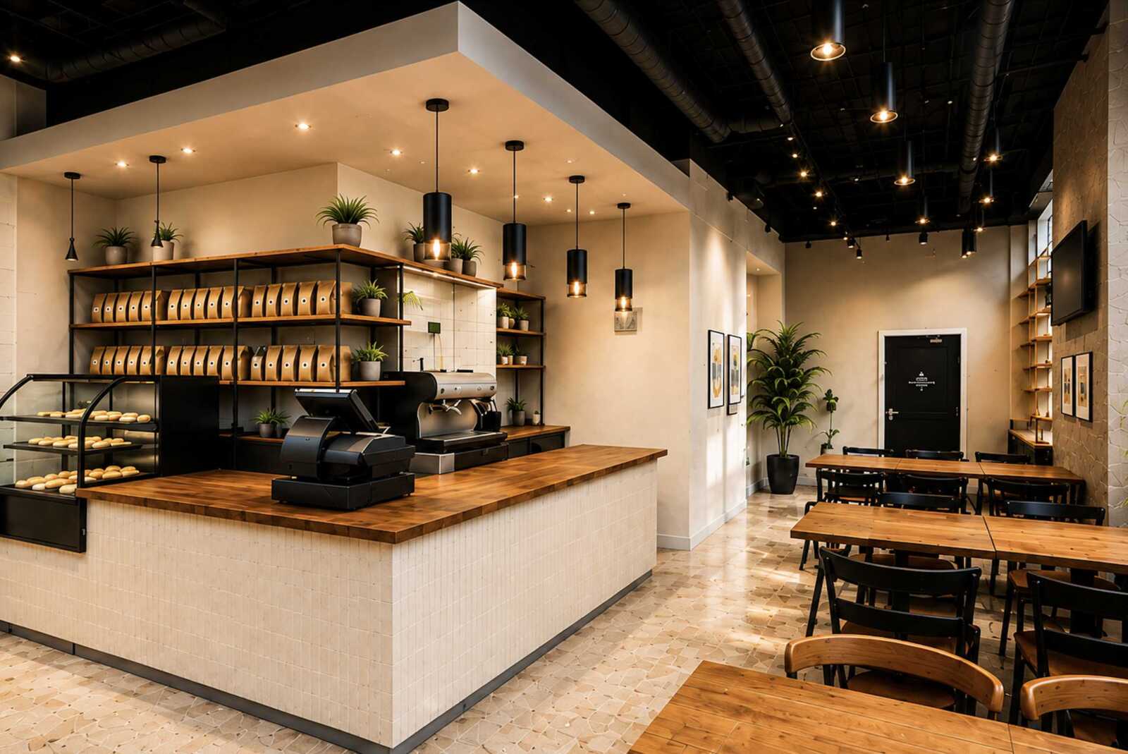 Bakery cafe interior with a wooden counter, pastry display, espresso machine, and shelves holding paper bags with plants on top; seating area to the right.