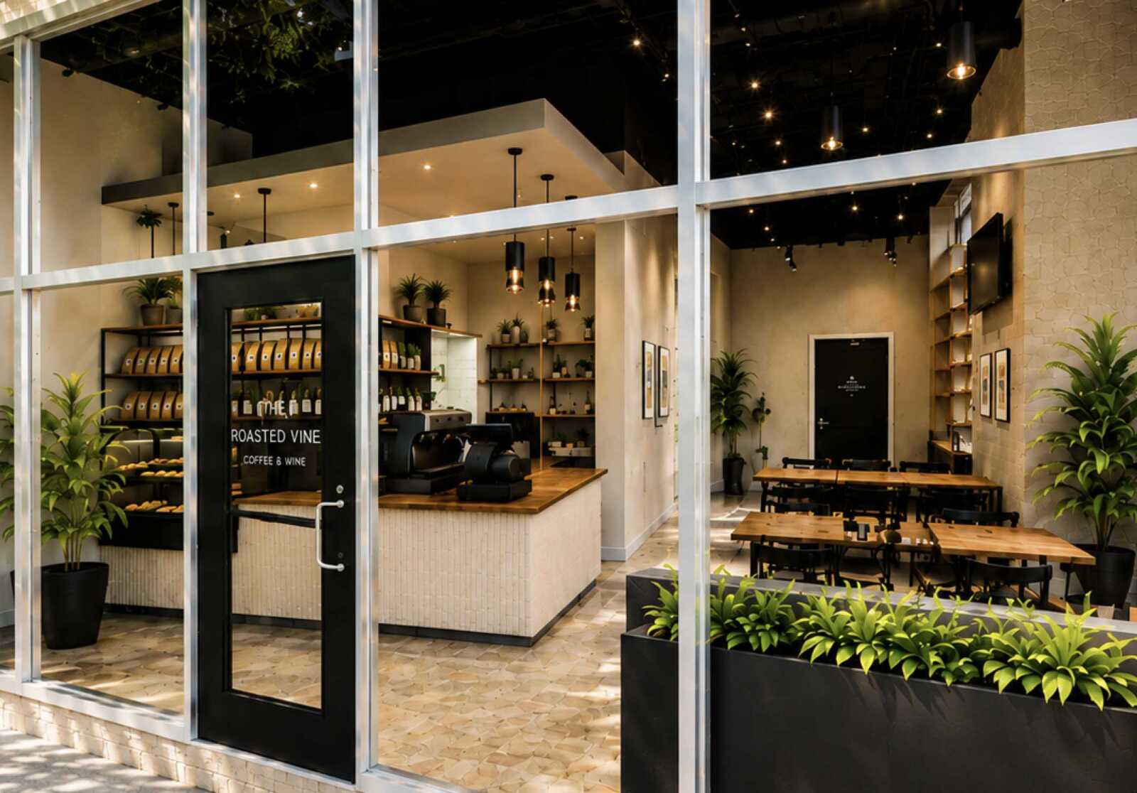 Glass storefront reveals a cafe with shelves of bags and plants, a coffee counter, and a dining area with wooden tables filled with chairs.