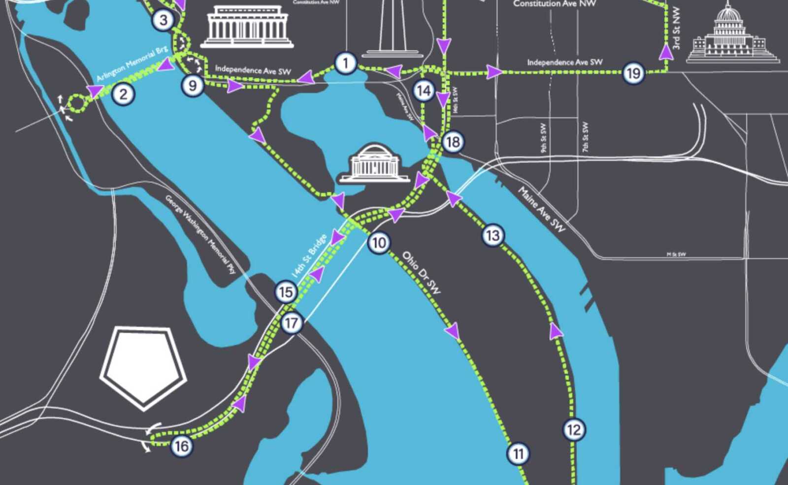 A map of road closures for the D.C. Bike Ride (via D.C. Bike Ride) | ARLnow Map snippet showing a lake-centered transit loop with green dashed routes, purple direction arrows, and numbered stops 1–19 near monuments and bridges.