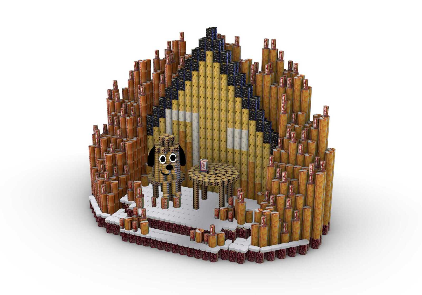 3D sculpture of a cartoon dog formed from stacked blocks inside a circular, hut-like structure built from more blocks
