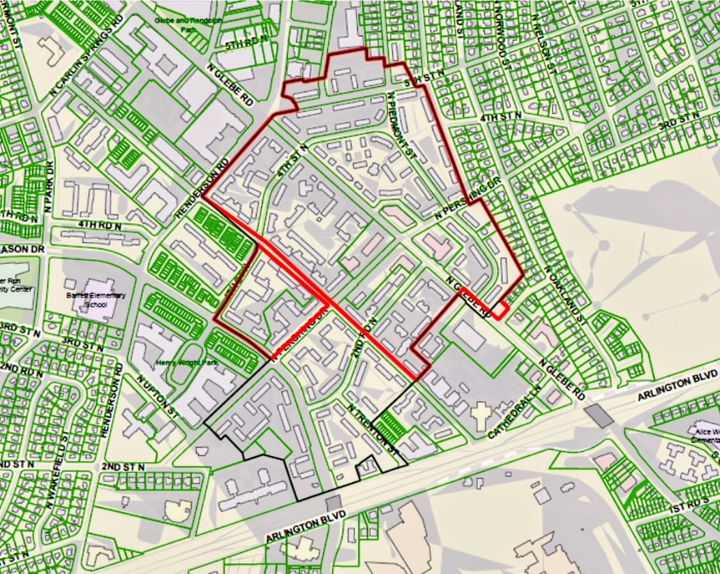 The Ballston Park Apartments site is located within the Buckingham Local Historic District, shown in red (via Arlington County) | ARLnow Map with a red boundary outlining a residential district within a green street grid near Arlington Boulevard